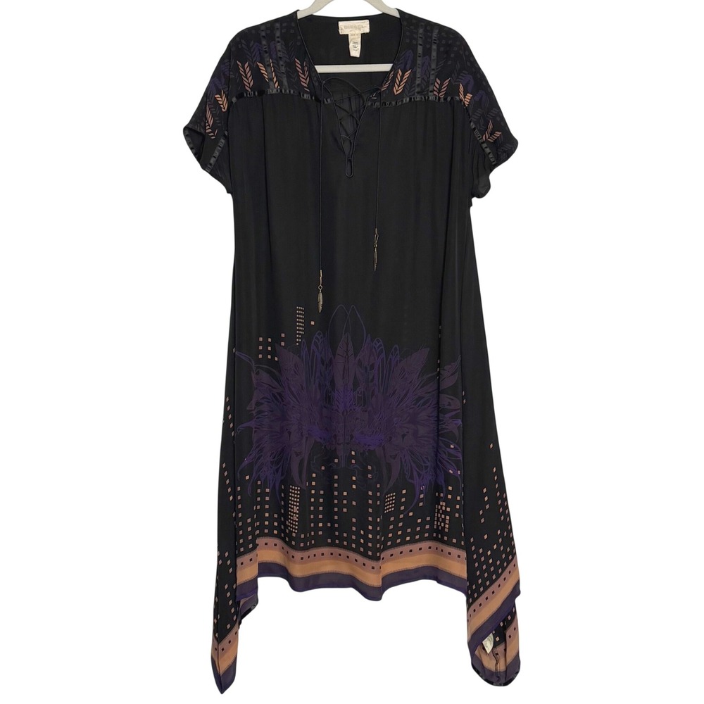 Diesel Black 100% Silk Lace-Up Tunic Dress with Graphic Print – Size‎ L